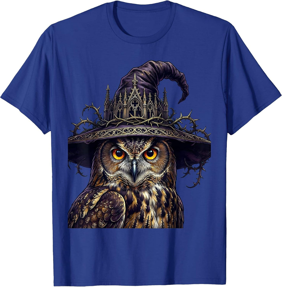 Men's Glowing Eyes Owl In Witch Hat Halloween Design T-Shirt - Royal Blue