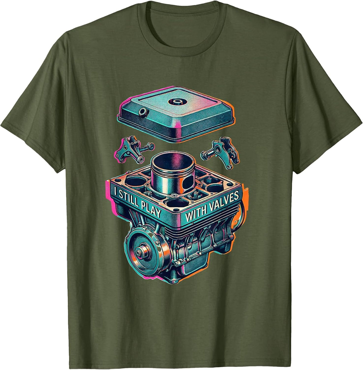 I Still Play With Valves Risograph Mechanic Engine Block T-Shirt - Olive Green