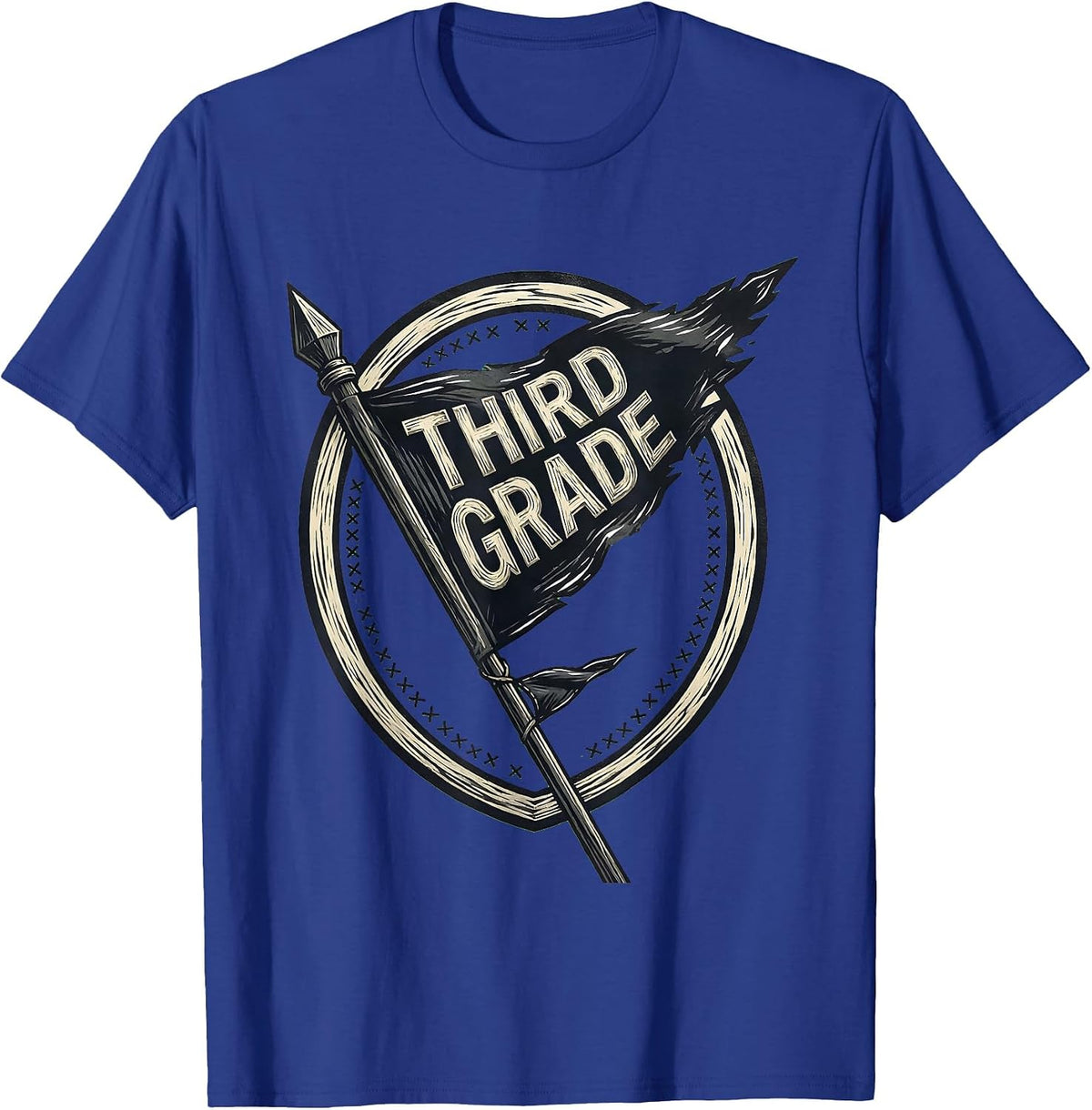 Men's Third Grade Linocut Shield Pennant Back to School Teacher T-Shirt - Royal Blue