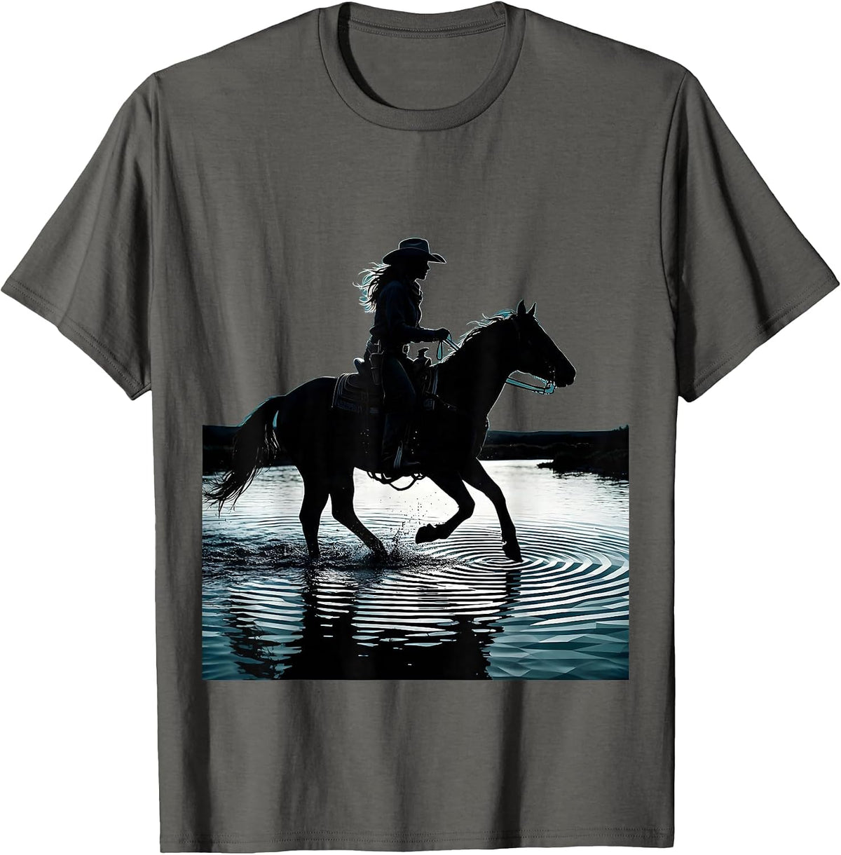 White Cowgirl on Horseback Crossing River T-Shirt - Asphalt Grey
