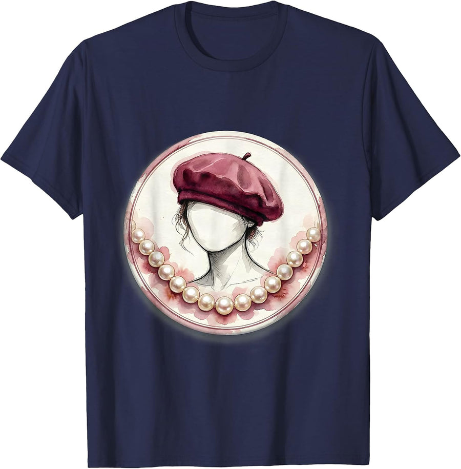 Gigi Chic Beret and Pearl Necklace Illustration T-Shirt - Navy Blue