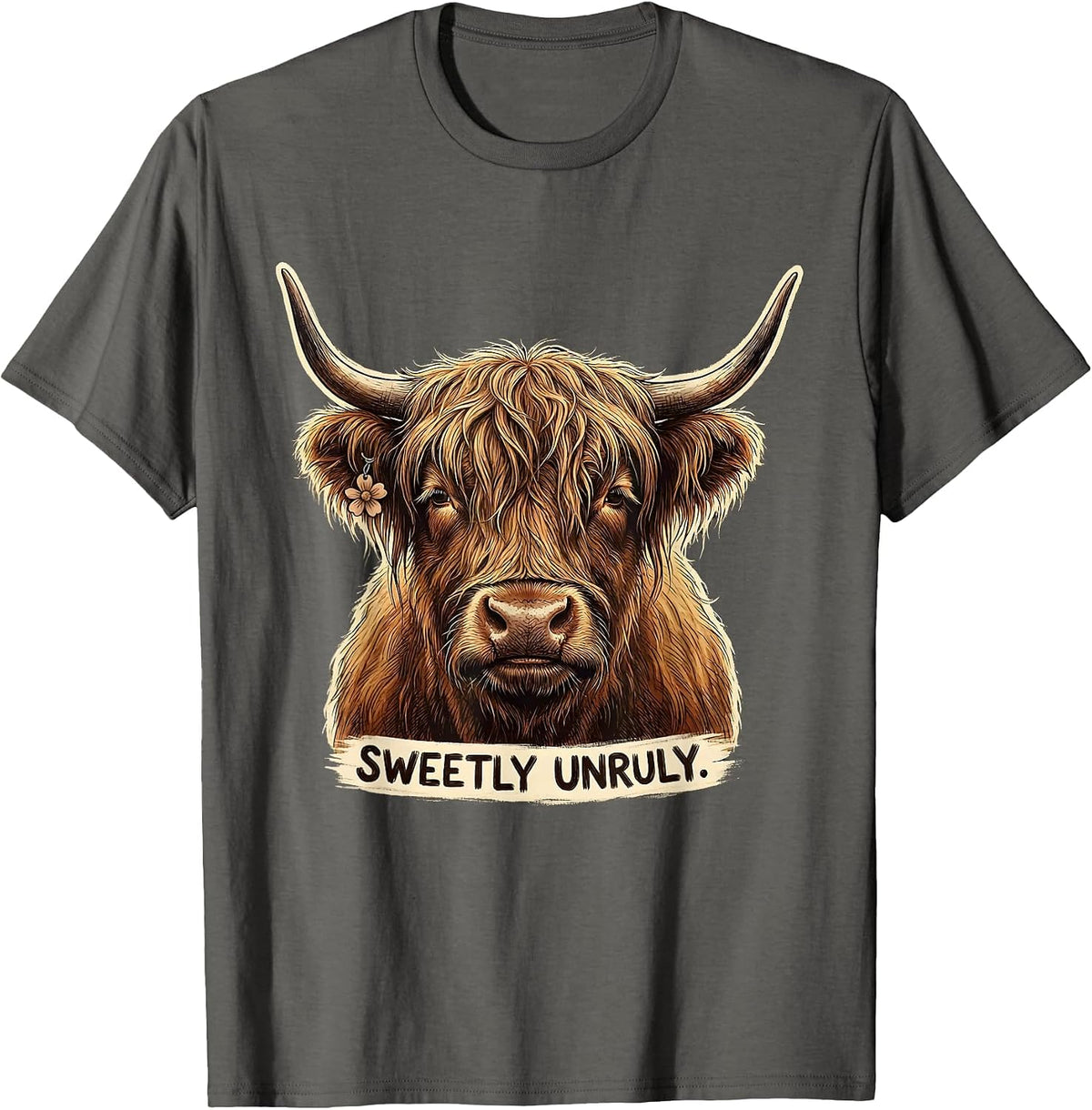 Sweetly Unruly Funny Highland Cow Cute Novelty Animal Lover T-Shirt - Asphalt Grey