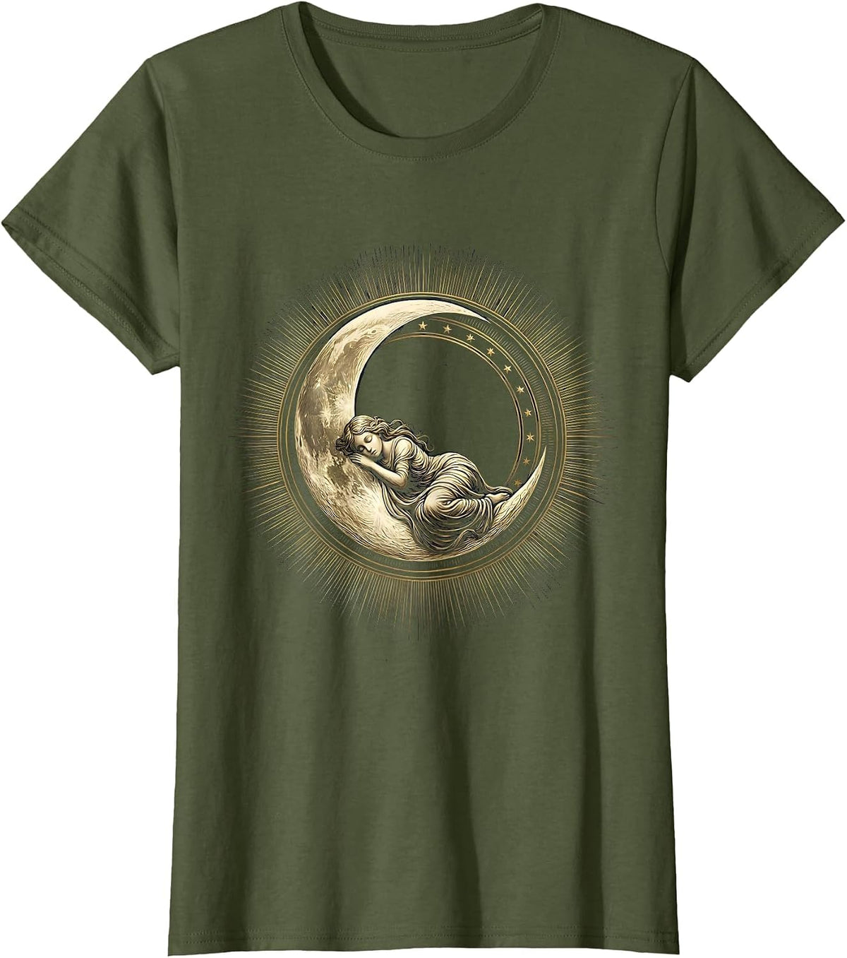 Women's Crescent Moon Sleeping Woman Celestial Art T-Shirt - Olive Green