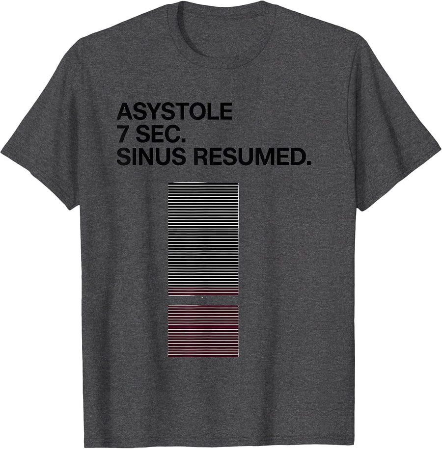Men's ASYSTOLE 7 SEC. SINUS RESUMED. Minimalist Cardiology Humor T-Shirt - Dark Heather Grey