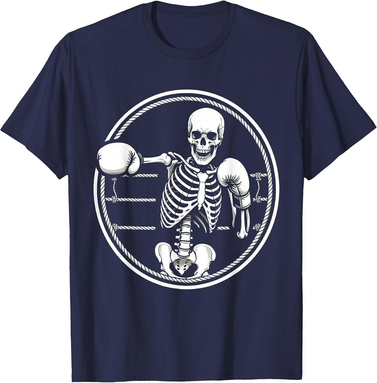 Skeleton Boxer Mid-Punch Boxing Ring Graphic T-Shirt - Navy Blue