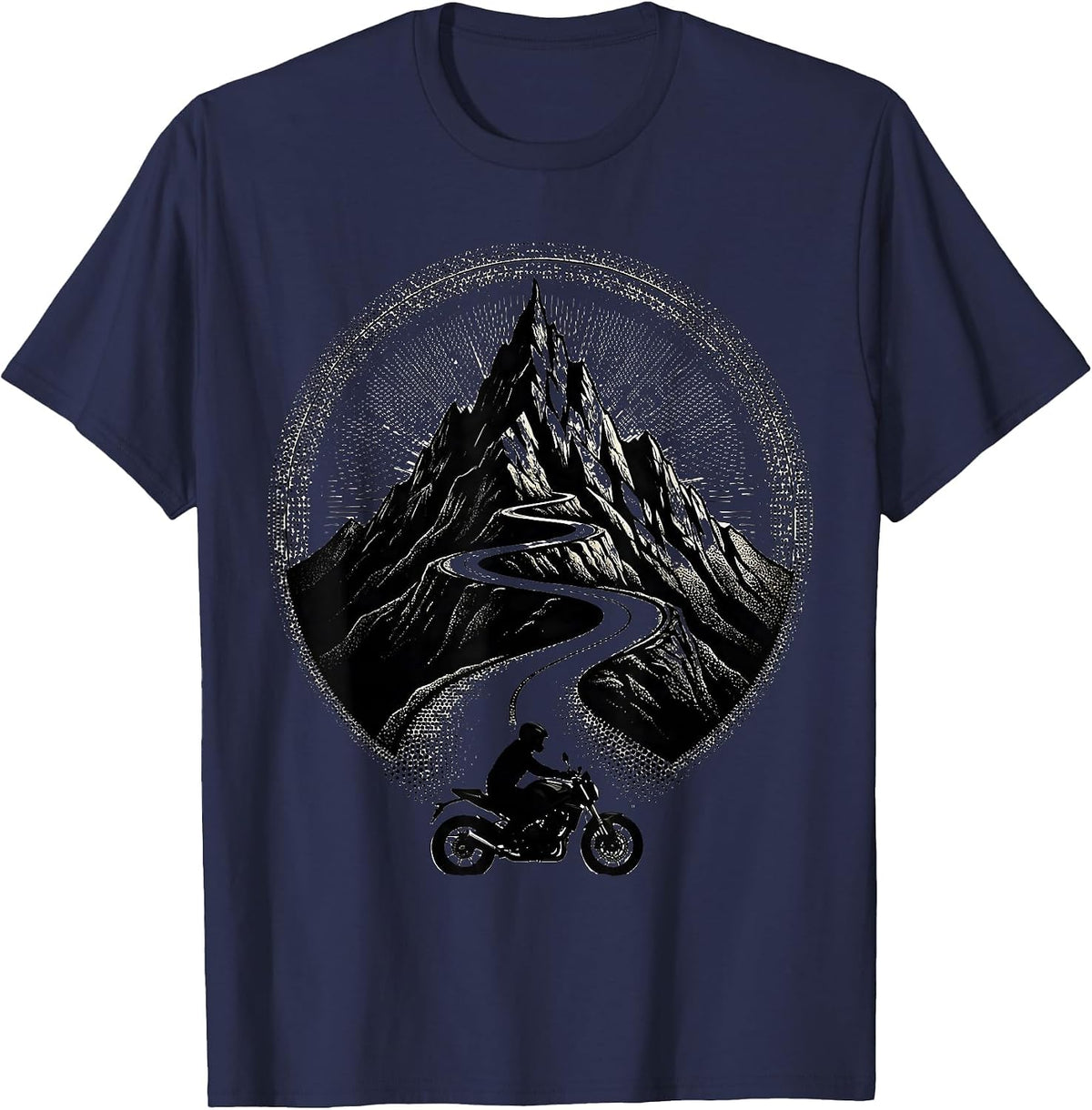 Mountain Road Lone Biker Scenic Riding Graphic T-Shirt - Navy Blue