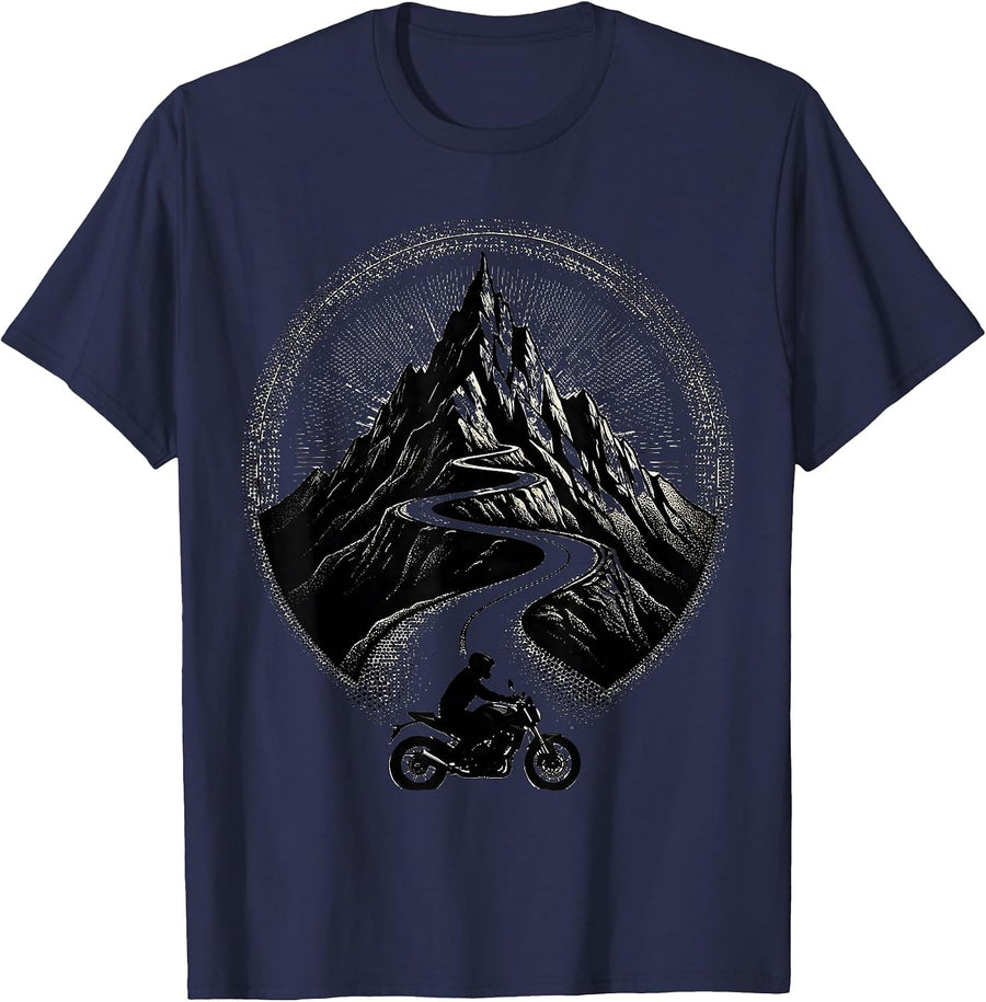 Mountain Road Lone Biker Scenic Riding Graphic T-Shirt - Navy Blue