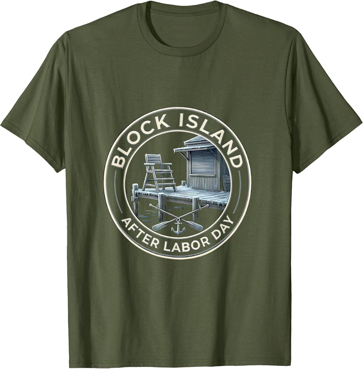 Block Island After Labor Day Vintage Coastal Town Pride T-Shirt - Olive Green