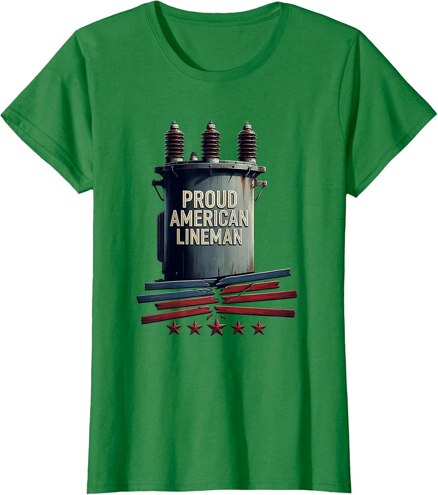 Women's Proud American Lineman Patriotic Electrician Mechanic T-Shirt - Kelly Green