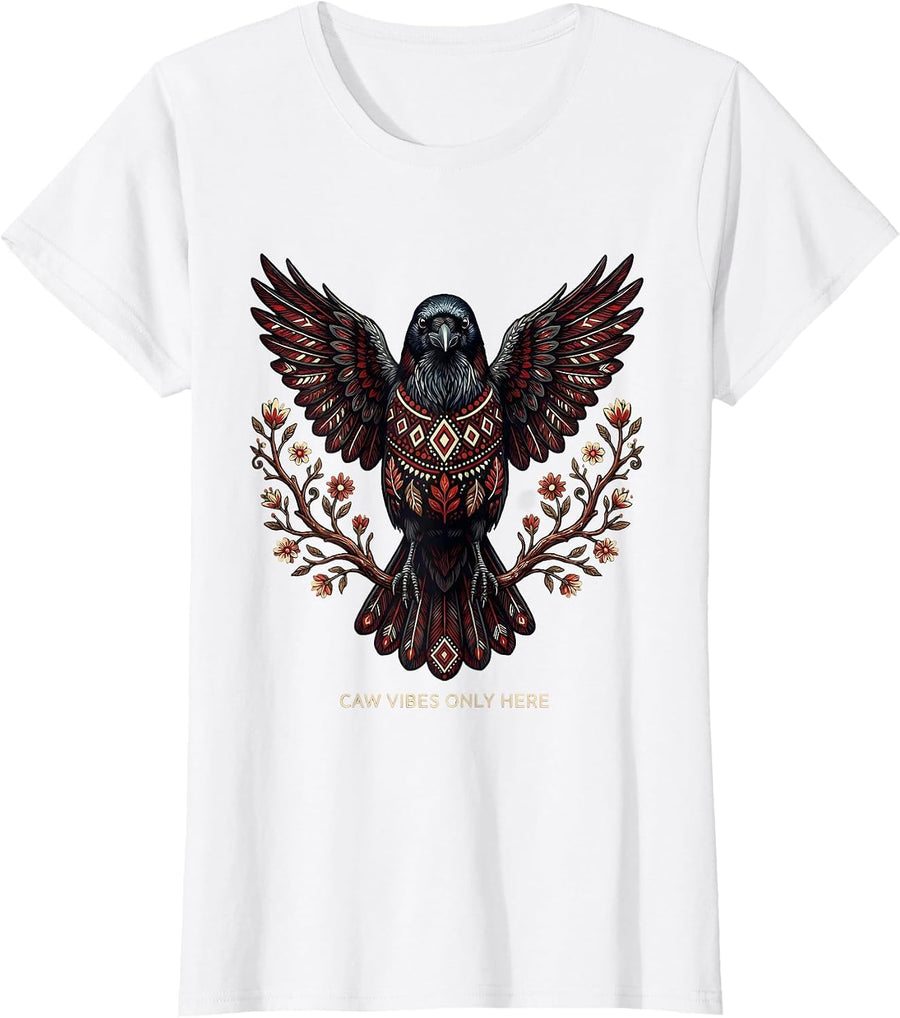 Women's CAW Vibes Only Crow Bird Lover Design T-Shirt - White