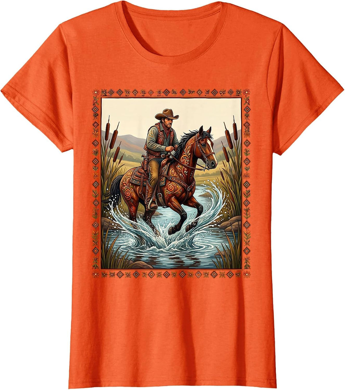 Cowboy River Crossing Western Horseback Illustration T-Shirt - Orange