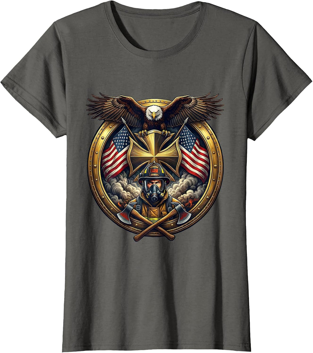 Women's Firefighter Emerging From Smoke Oxygen Mask T-Shirt - Asphalt Grey