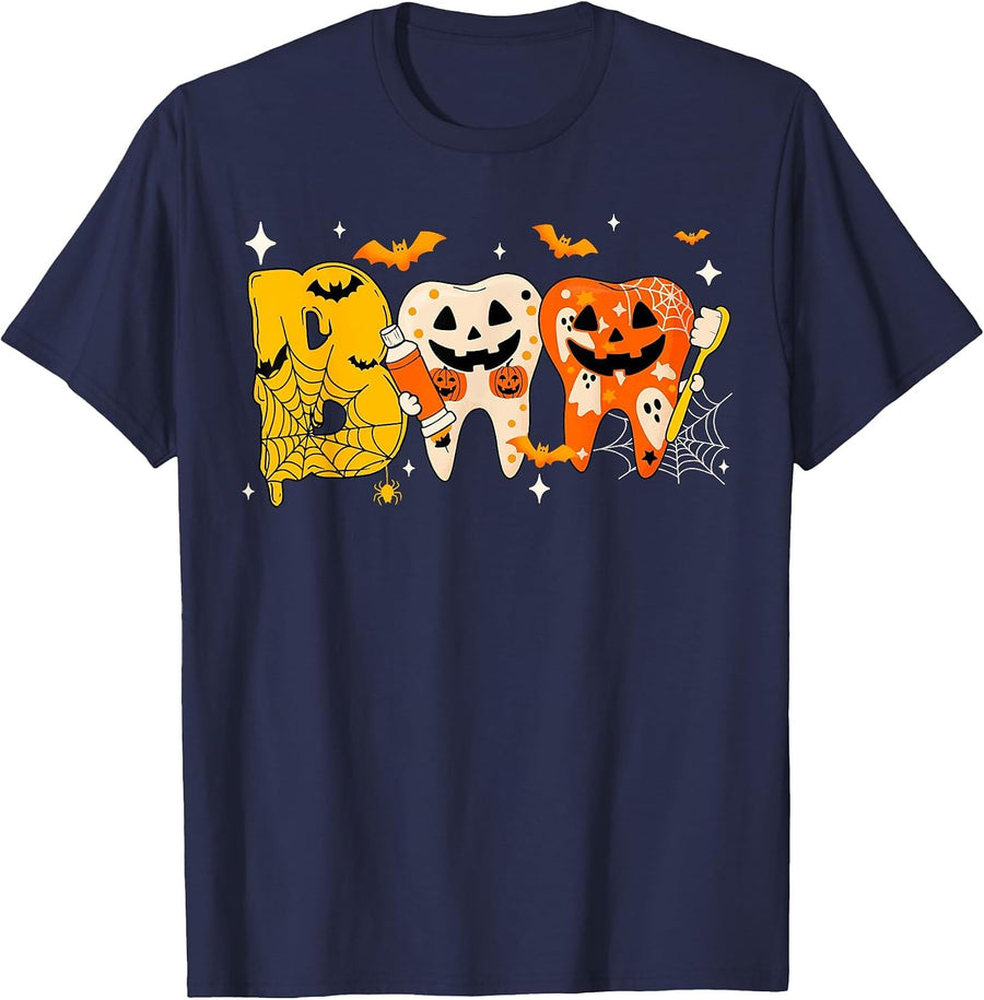 Boo Teeth Pumpkin Dentist Dental Hygienist Halloween Costume T-Shirt - Navy Blue