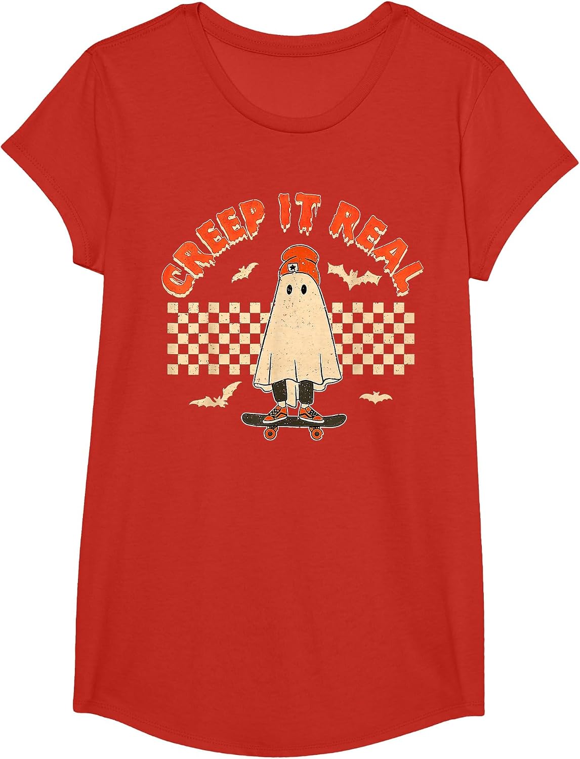 Creep It Real Skateboarding Ghost Retro Halloween Costume T-Shirt - Girls Red