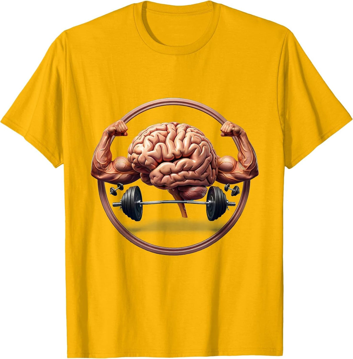 Men's Giant Brain Lifting Tiny Weights Funny Gym Art T-Shirt - Golden Yellow