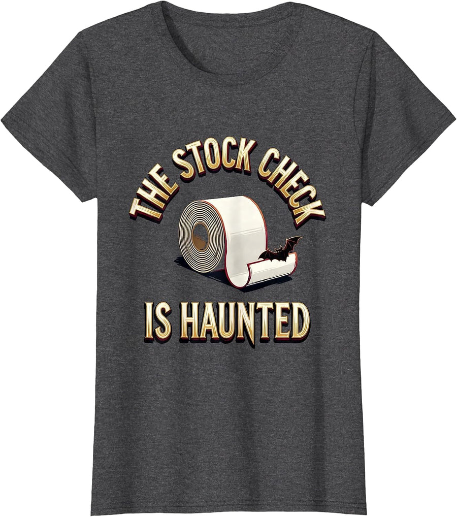 Women's The Stock Check Is Haunted Funny Pharmacy Tech Halloween T-Shirt - Dark Heather Grey