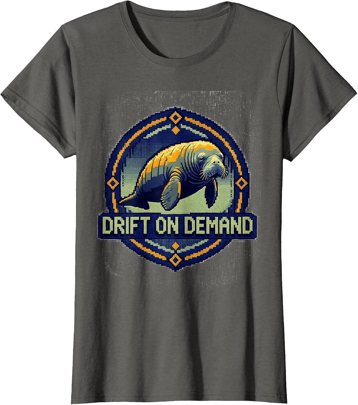 Women's Drift On Demand Cross Stitch Sampler Manatee Lover Humor T-Shirt - Asphalt Grey