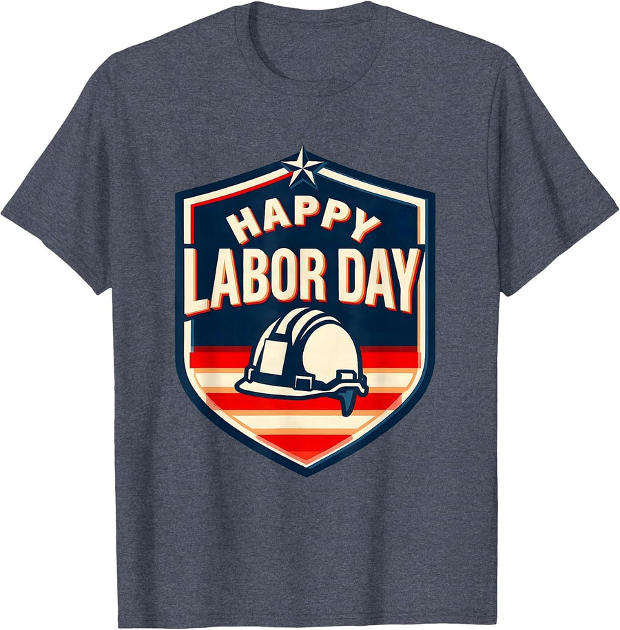Happy Labor Day Patriotic Americana Tribute Shield Badge T-Shirt - Heather Blue
