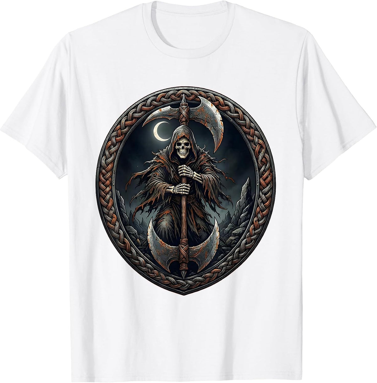 Men's Heavy Metal Grim Reaper Double-Bladed Battle Axe T-Shirt - White