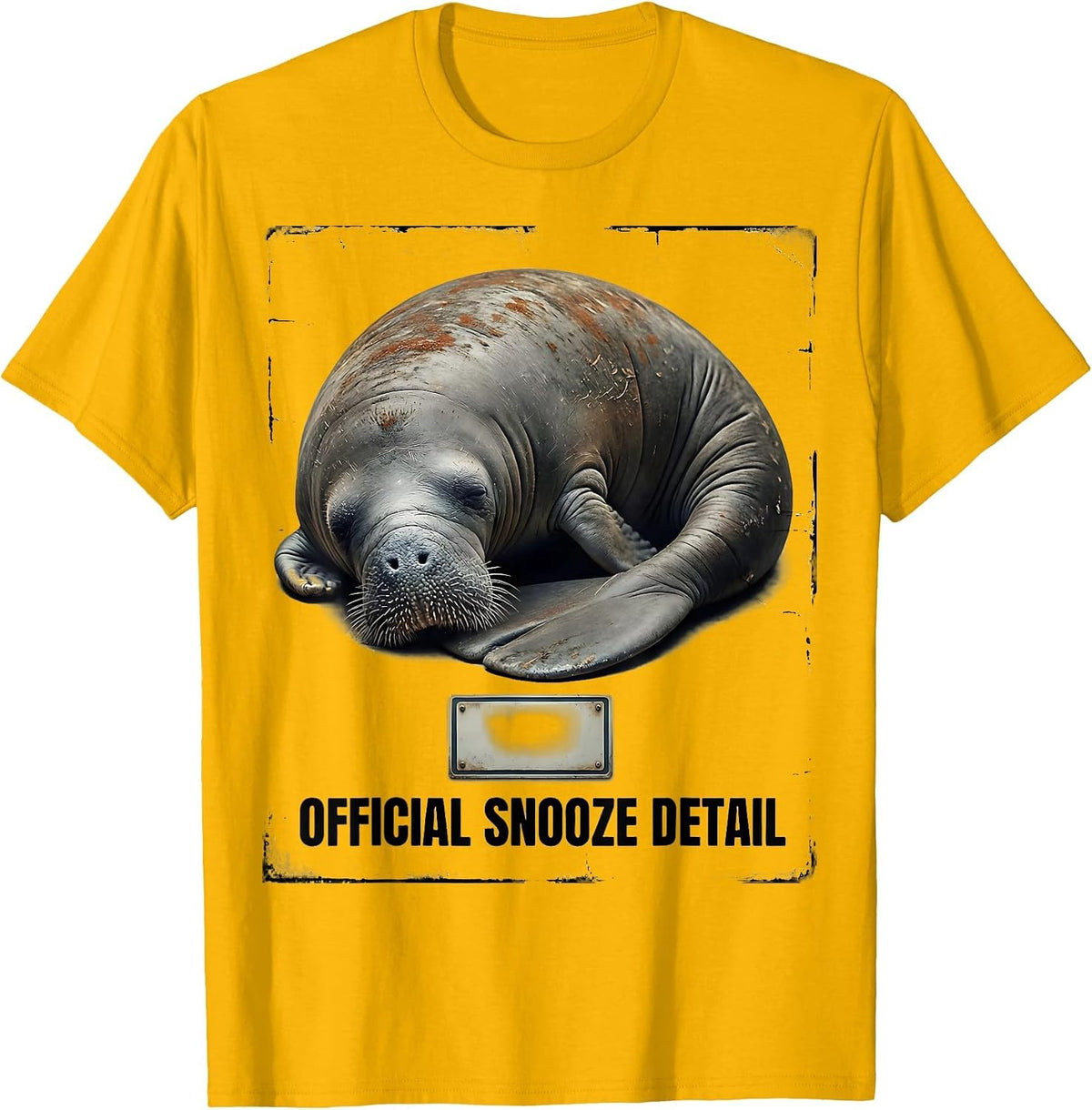 Official Snooze Detail Distressed Funny Manatee Sea Cow T-Shirt - Golden Yellow