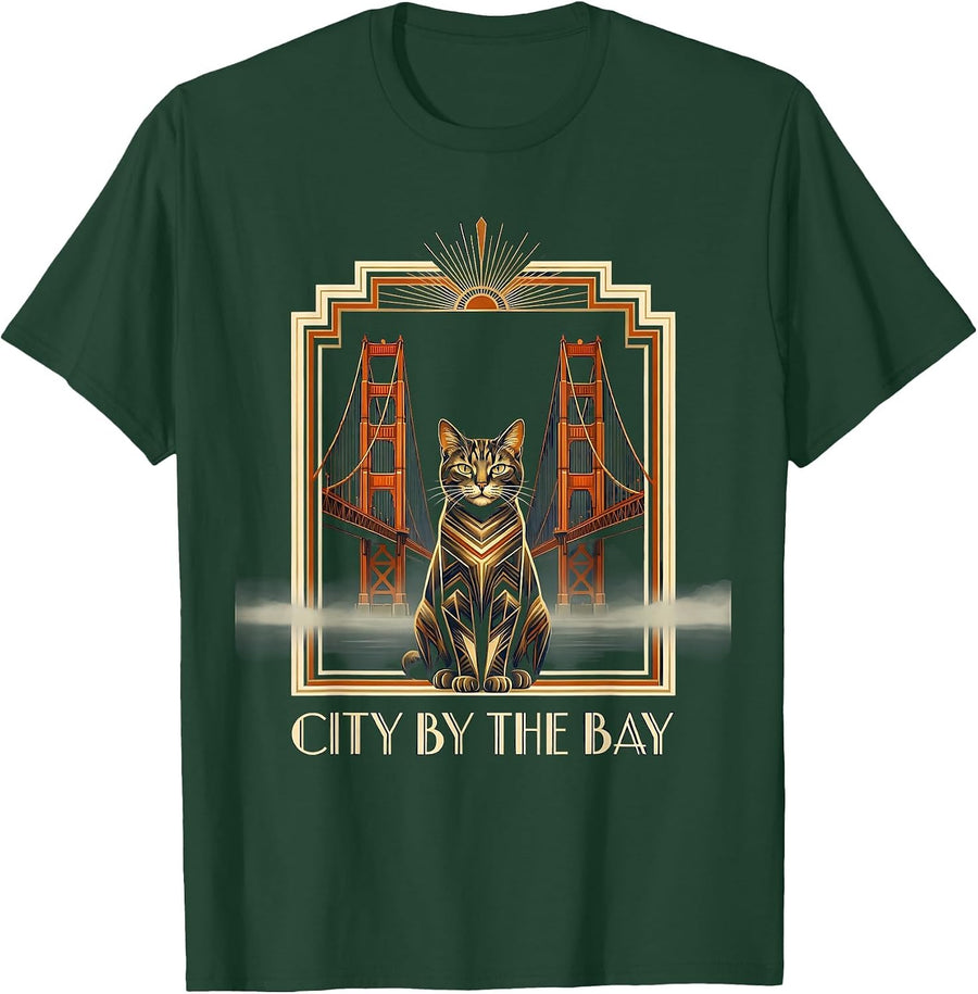 Men's CITY BY THE BAY Art Deco Cat Golden Gate Bridge Souvenir T-Shirt - Dark Green