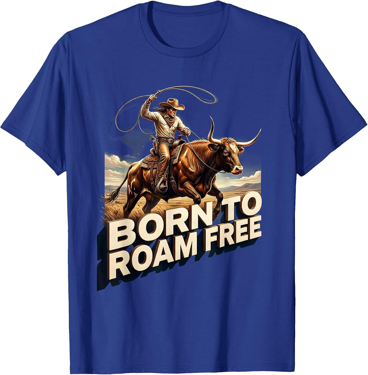 Men's Born to Roam Free Cow Lover Design T-Shirt - Royal Blue