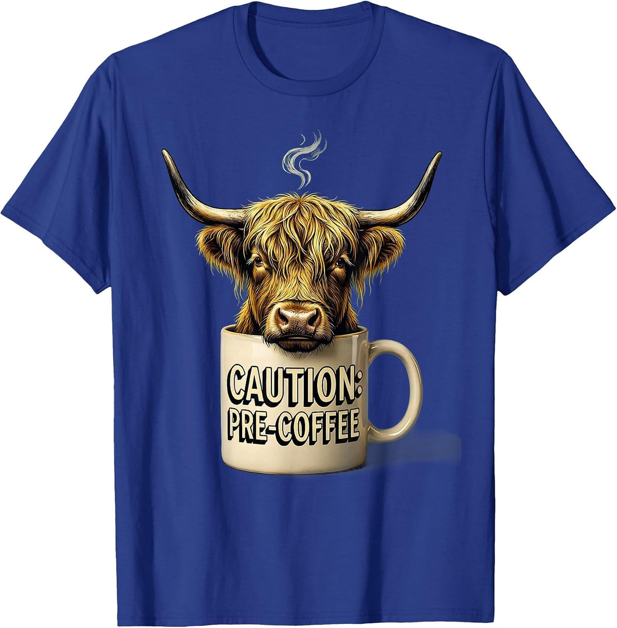 Men's Caution Pre-Coffee Funny Highland Cow Novelty Coffee Lover T-Shirt - Royal Blue