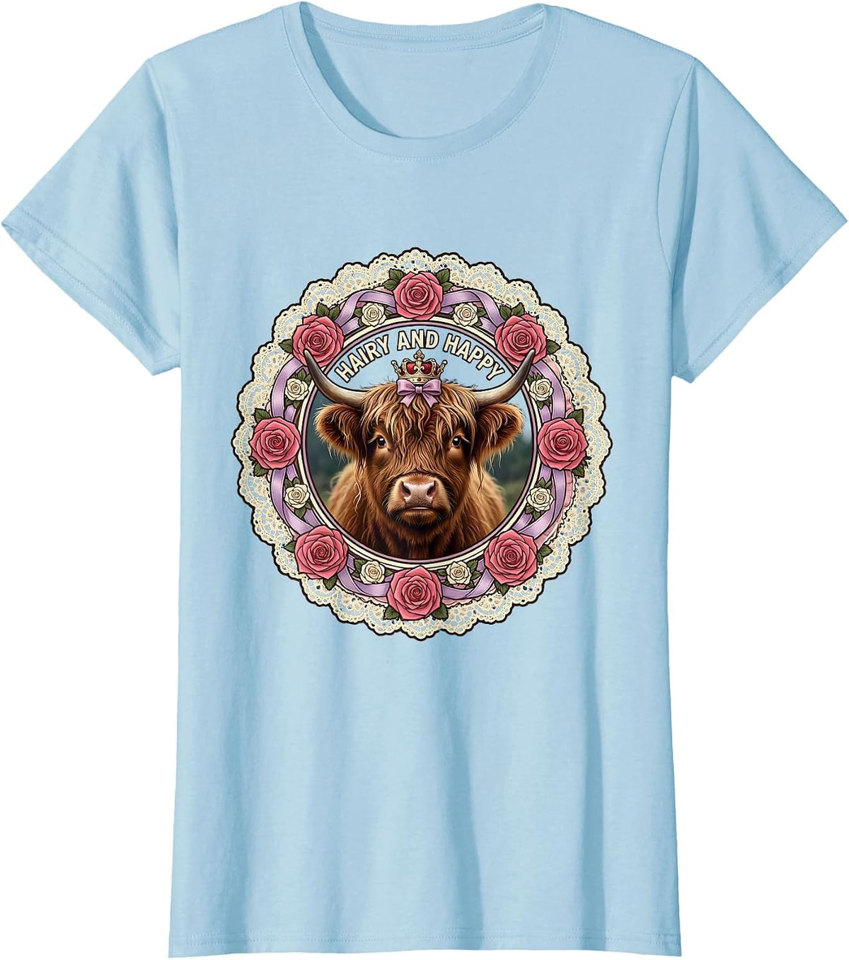 Women's Hairy and Happy Highland Cow Design T-Shirt - Baby Blue
