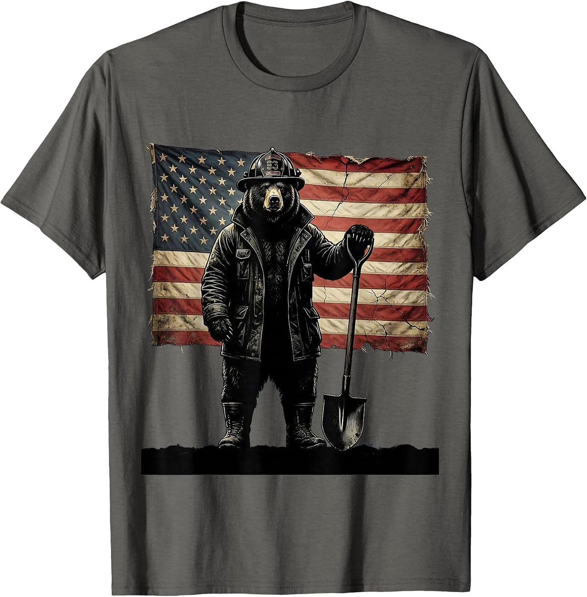 Bear Firefighter Graphic Tee with Shovel Illustration T-Shirt - Asphalt Grey