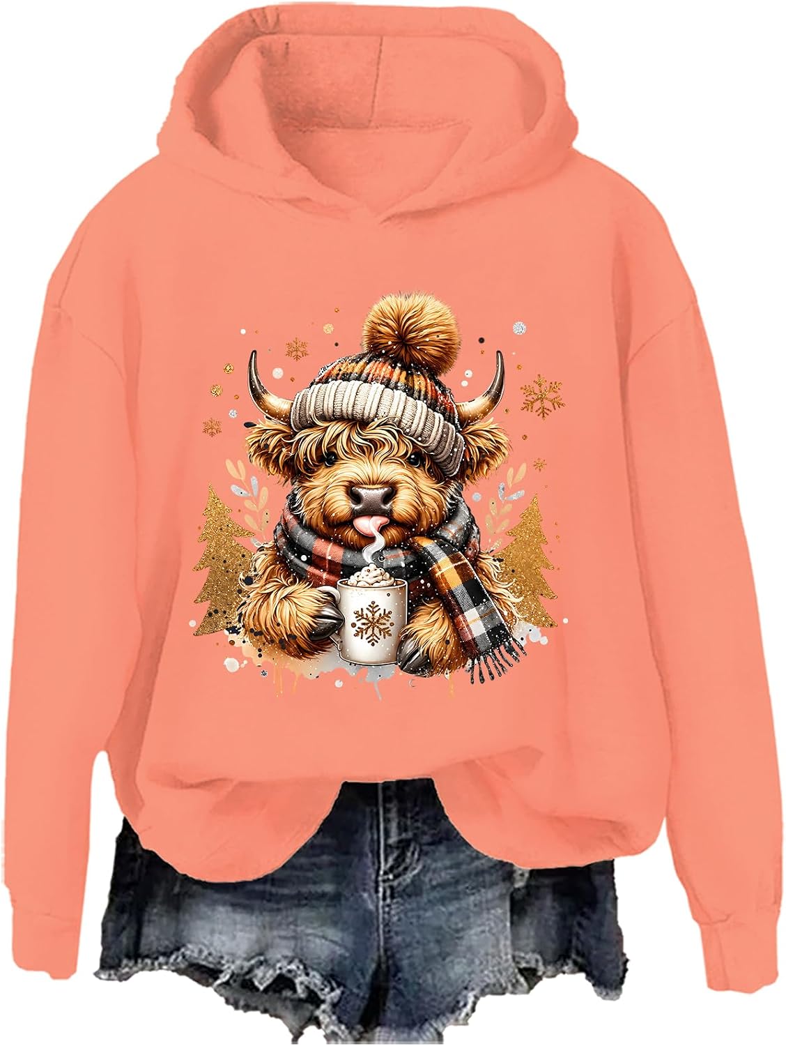 Highland Cow Sweatshirt Cute Christmas Cow Crewneck Long Sleeve - Hooded Neck Orange