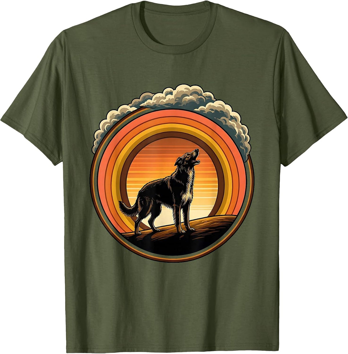Irish Wolfhound Howling at a Stormy Sky T-Shirt - Olive Green