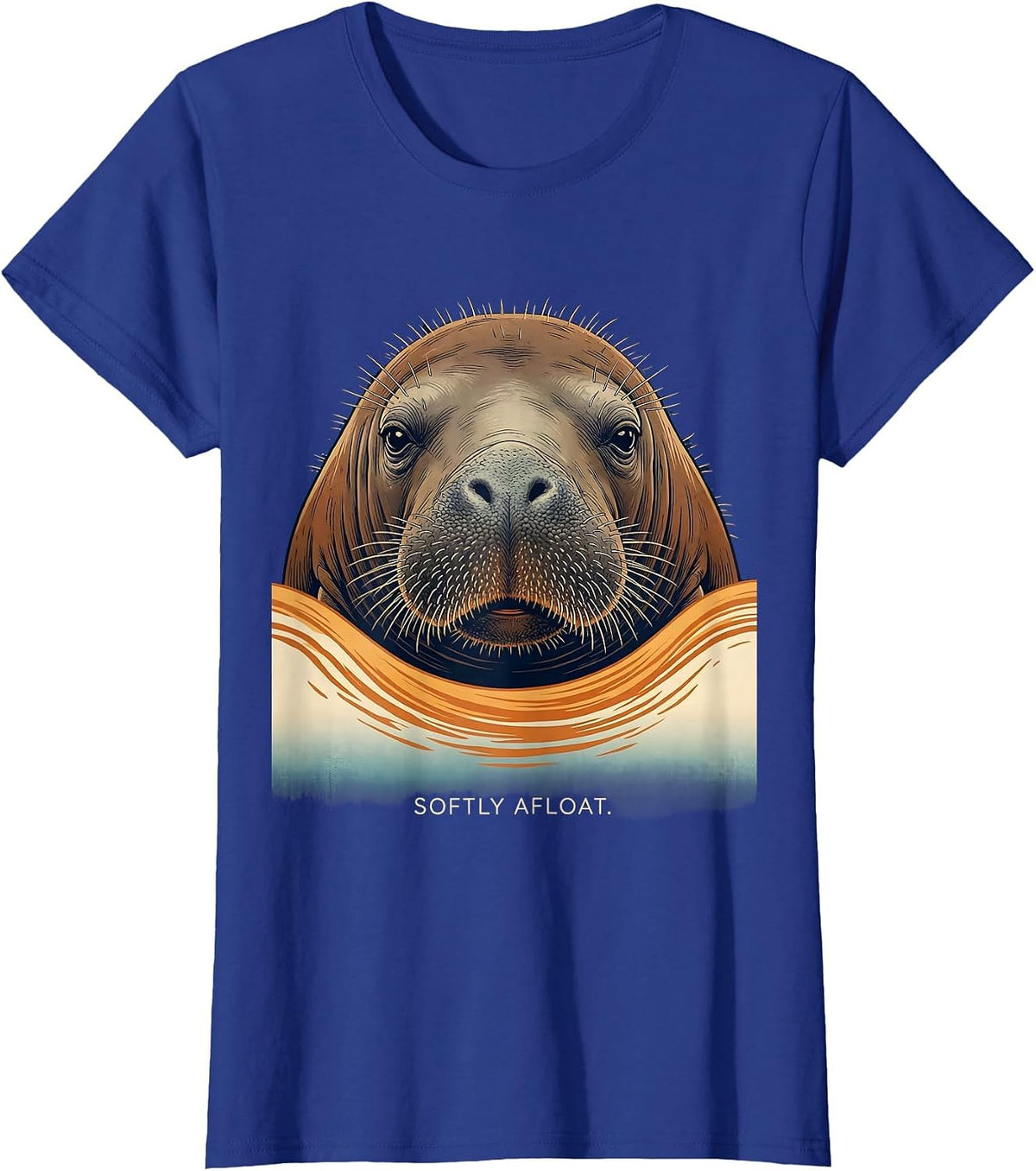 Women's Softly Afloat Ukiyo-e Manatee Lover Floaty Potato Humor T-Shirt - Royal Blue