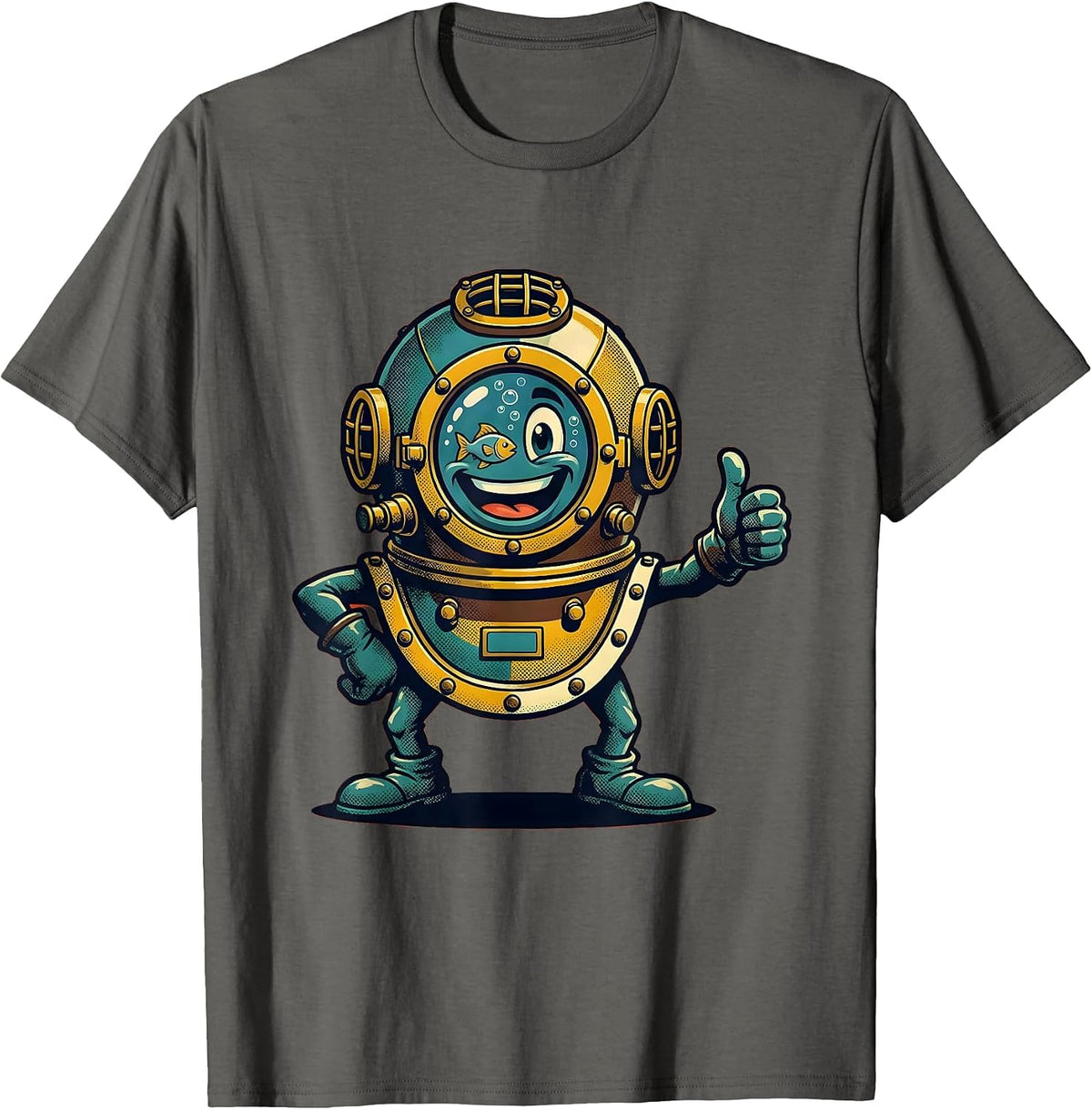 Vintage Diving Helmet Porthole Reflection Navy T-Shirt - Asphalt Grey