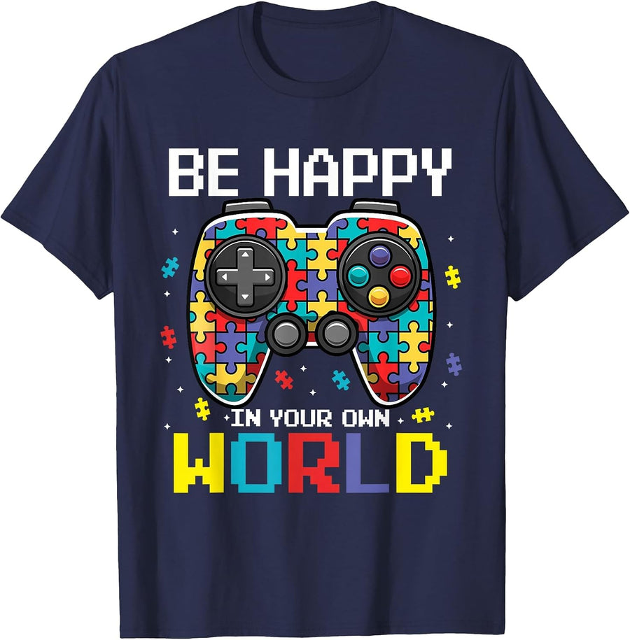 Autism Awareness Be Happy in Your Own World Gamer Kids T-Shirt - Navy Blue
