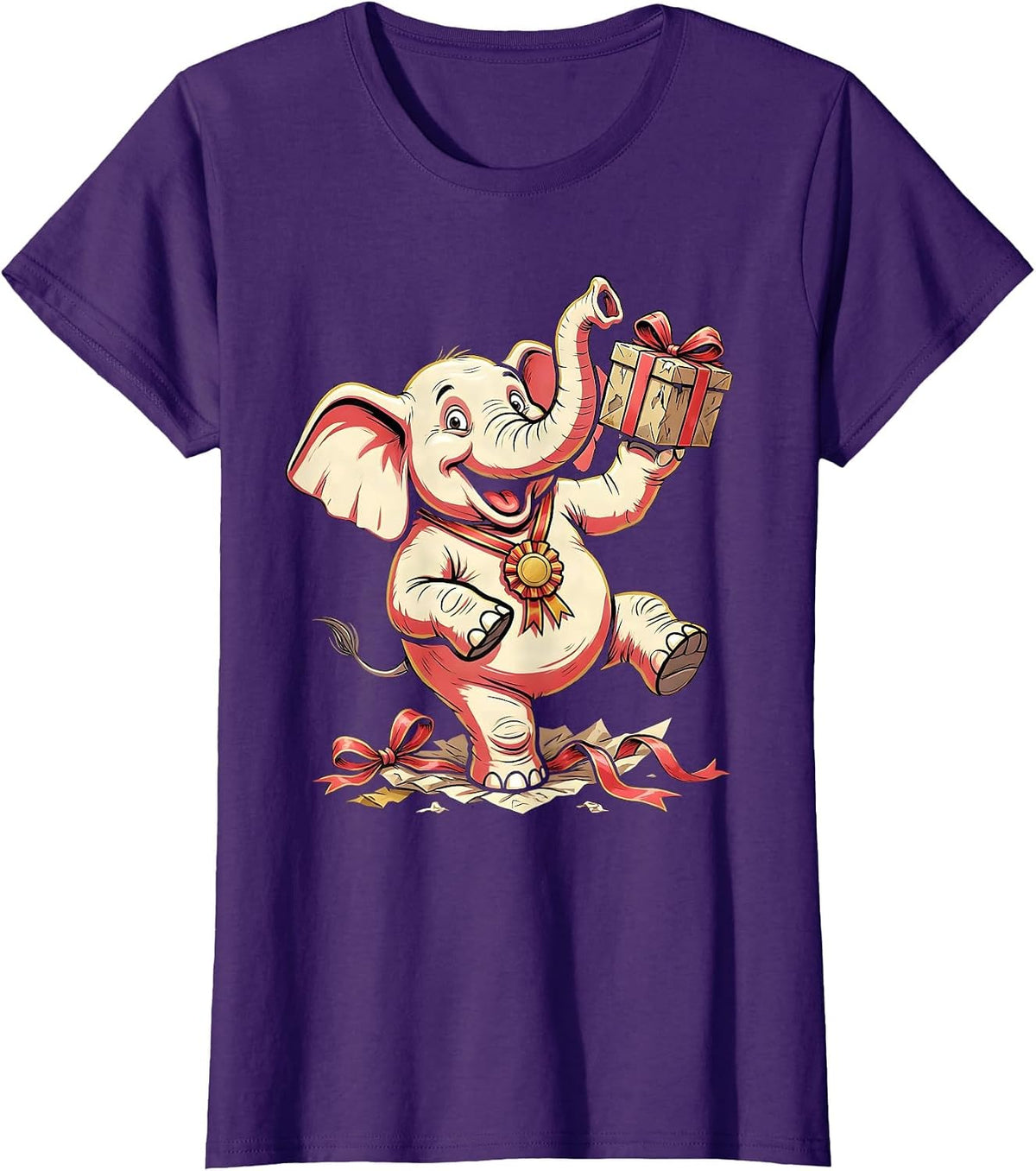 Women's Grinning Elephant Funny White Elephant Gift Exchange Party T-Shirt - Purple