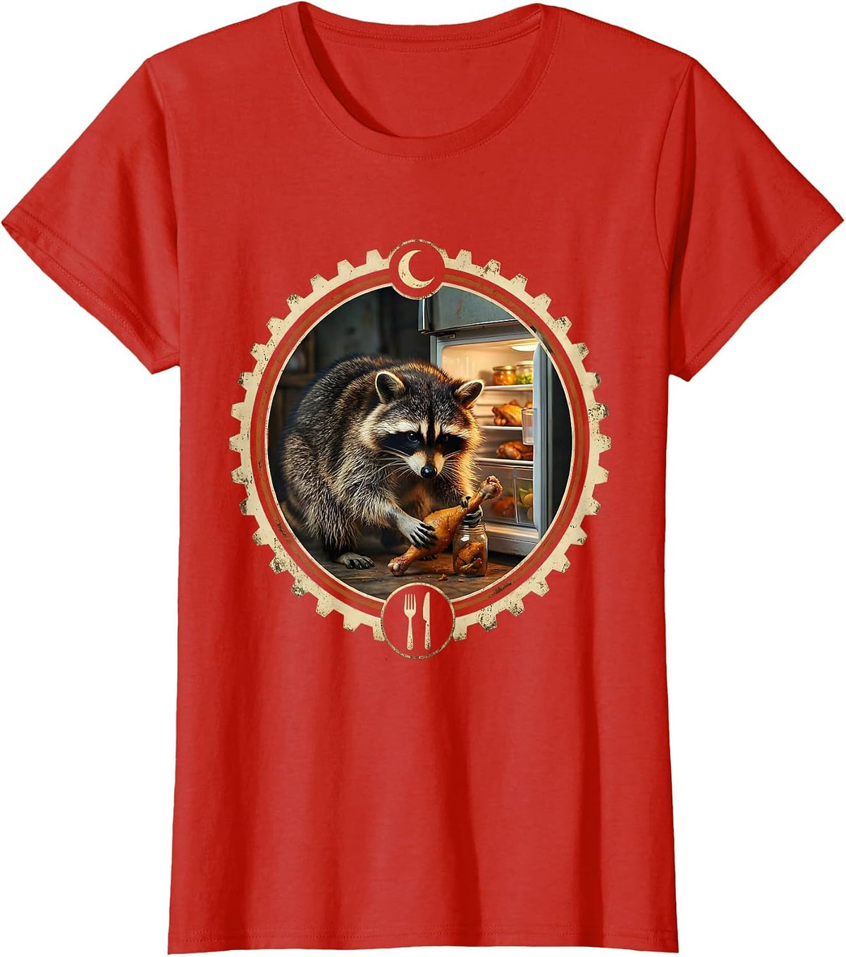 Midnight Raccoon Fridge Raid Funny Graphic Tee T-Shirt - Red