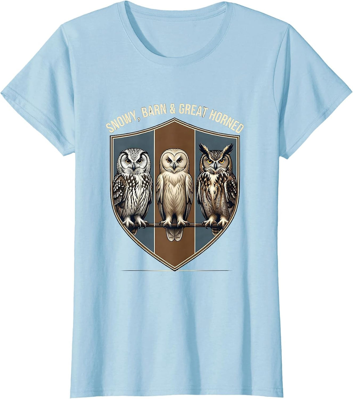 Women's Snowy, Barn & Great Horned Owl Lover Birdwatcher Humor T-Shirt - Baby Blue