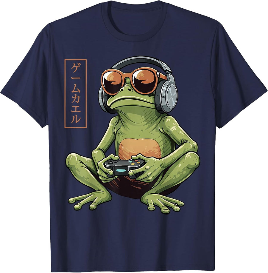 Funny Gamer Frog Art Japanese Vintage Boys Teens Men Gaming T-Shirt - Navy Blue