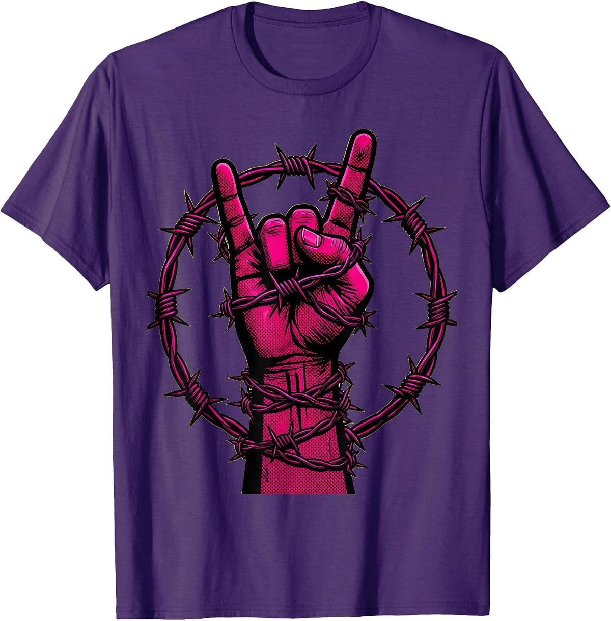 Punk Devil Horns Barbed Wire Rock Graphic T-Shirt - Purple