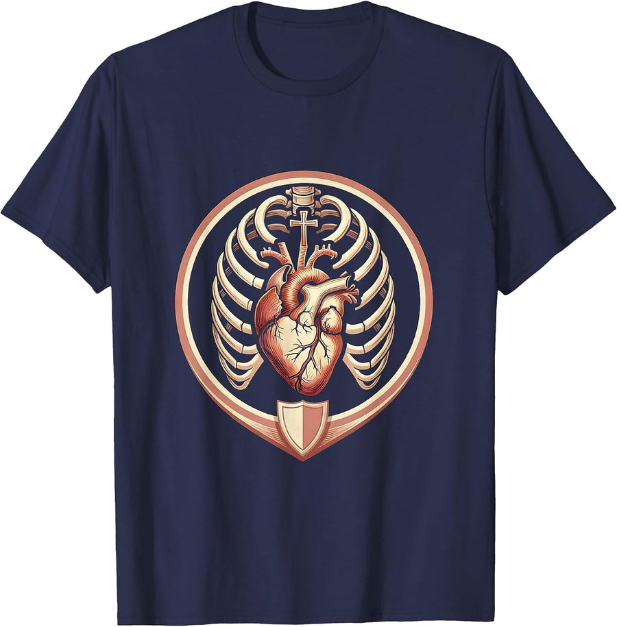 EMT Rib Cage Glowing Heart Illustration T-Shirt - Navy Blue