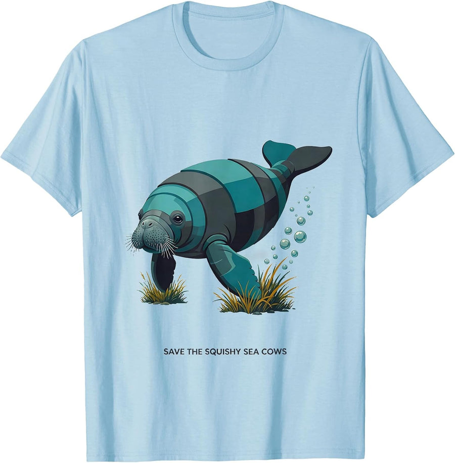 Men's Save The Squishy Sea Cows Midcentury Modern Manatee Lover T-Shirt - Baby Blue