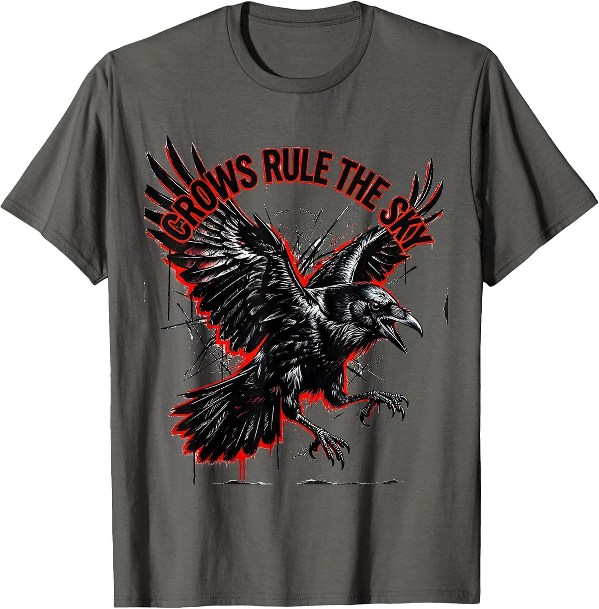Crows Rule The Sky Bold Crow Graphic Design T-Shirt - Asphalt Grey