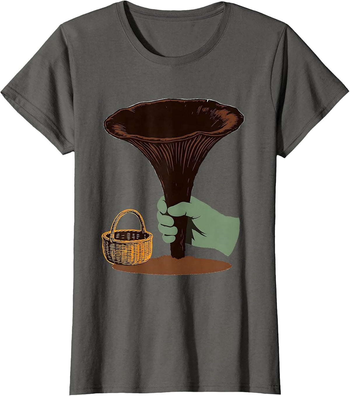 Women's Oversized Trumpet Mushroom Screenprint Retro Forager T-Shirt - Asphalt Grey