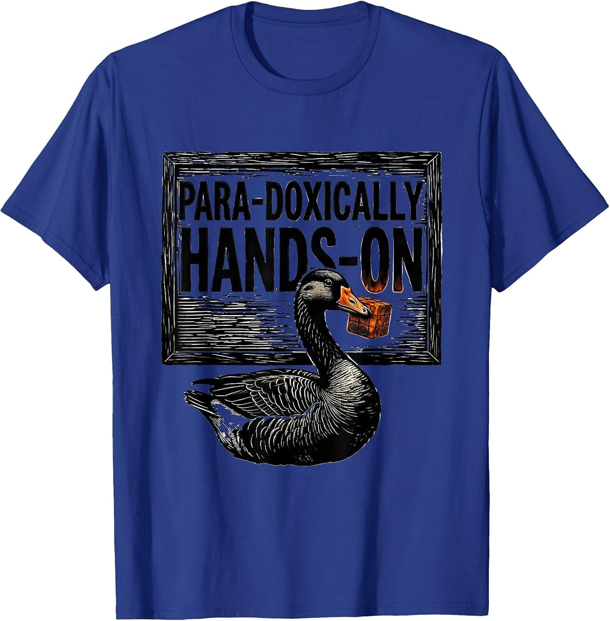 Para-Doxically Hands-On Linocut Funny Paraprofessional Goose T-Shirt - Royal Blue