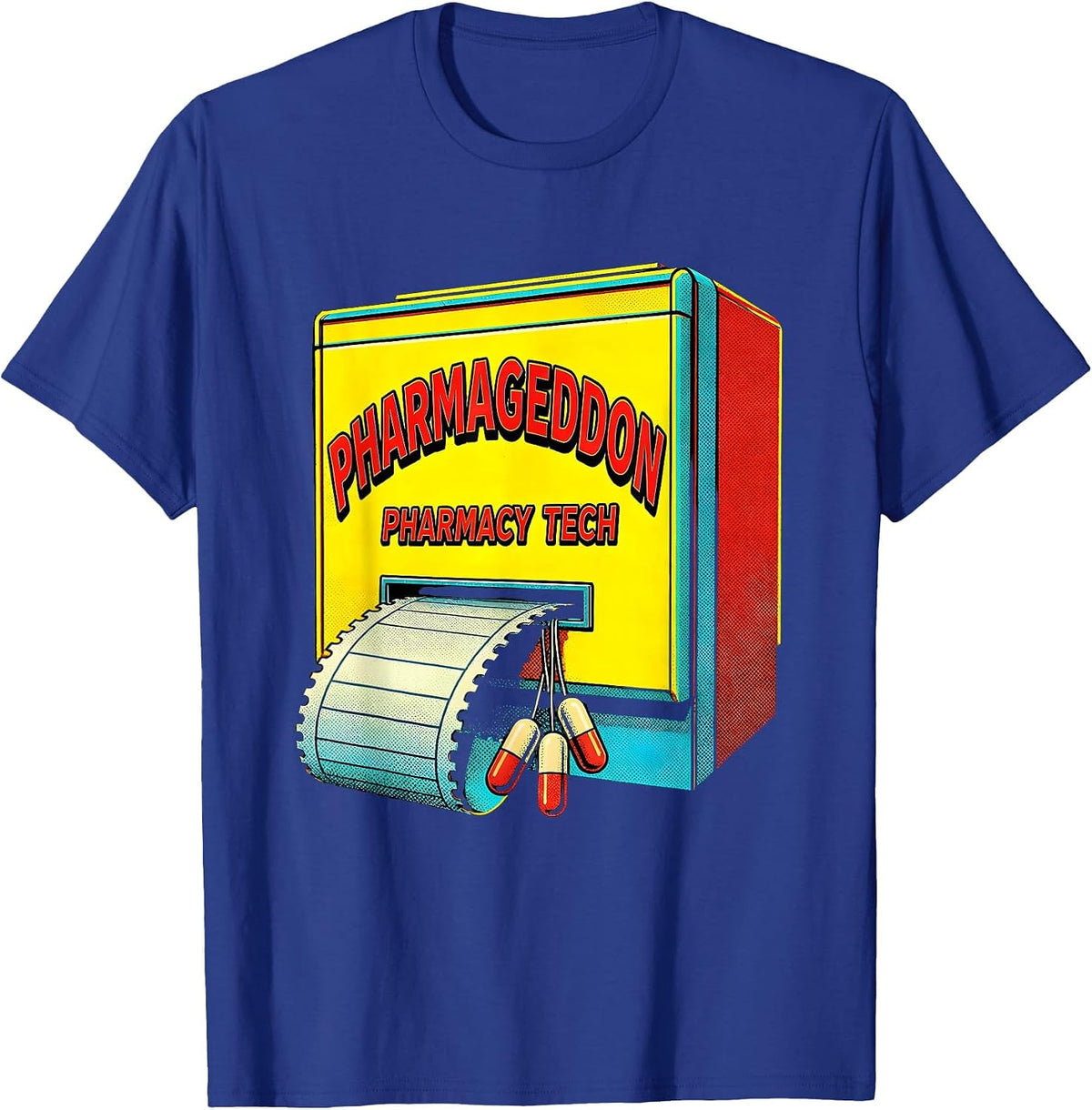 Men's Pharmageddon Pharmacy Tech Pop Art Pharmacy Technician Pun T-Shirt - Royal Blue
