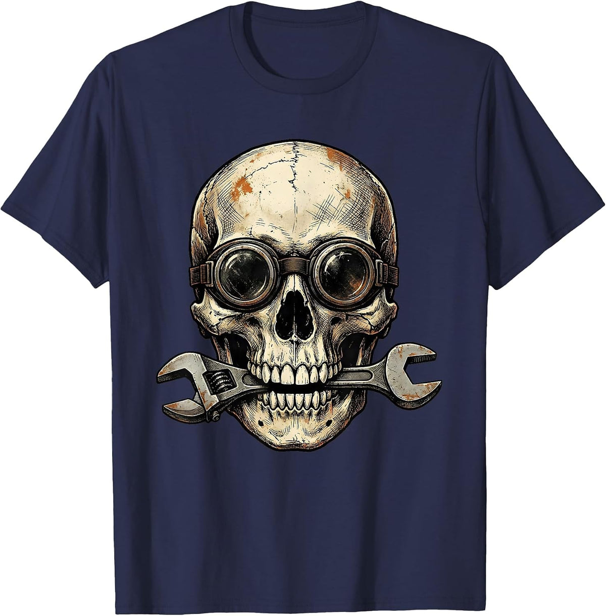 Men's Skull Welder Goggles Wrench Mechanic Graphic T-Shirt - Navy Blue
