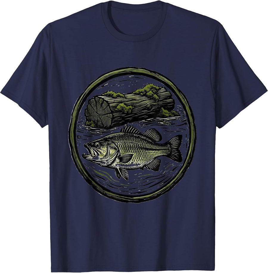 Bass Under Mossy Log Fishing Graphic Tee T-Shirt - Navy Blue