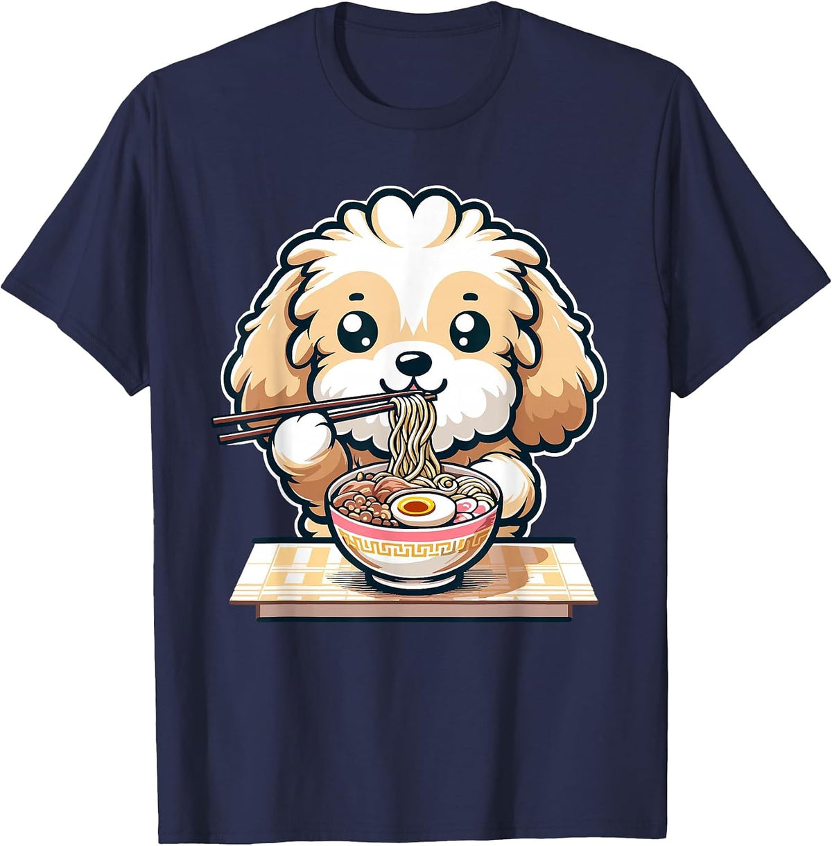 Cute Kawaii Cockapoo Eating Ramen Noodles Food Dog Lovers T-Shirt - Navy Blue