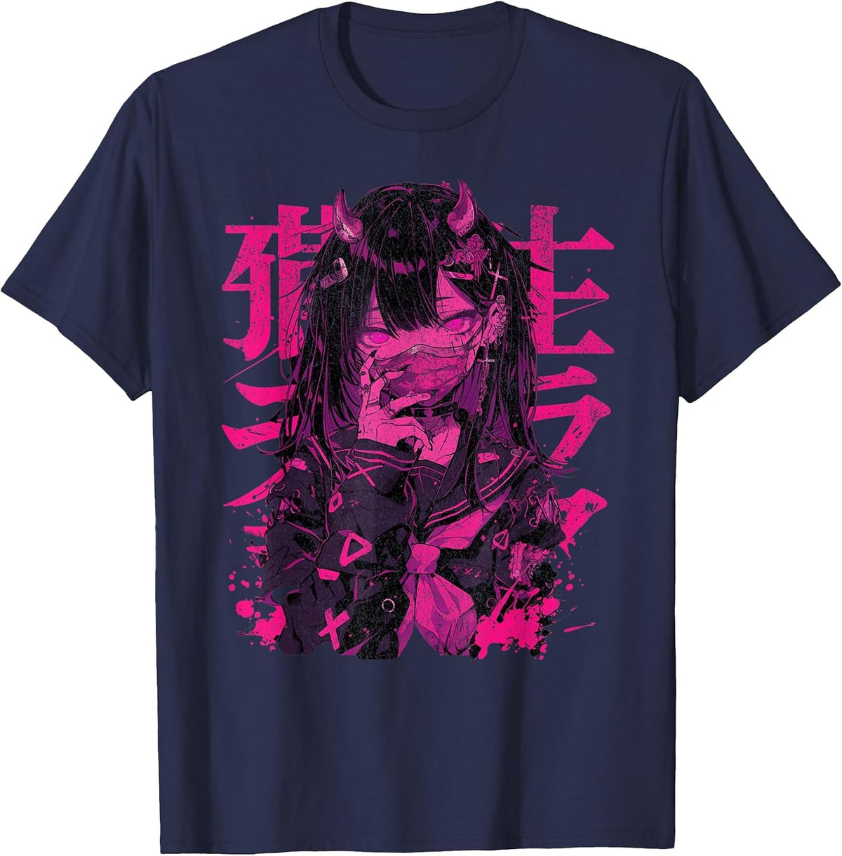 Goth Grunge Demon Anime Girl Waifu Horror Alt Aesthetic T-Shirt - Navy Blue