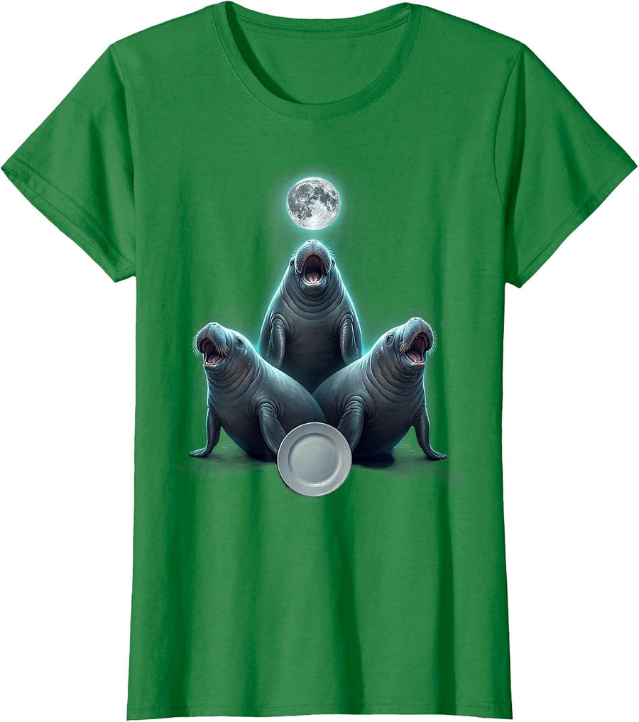 Women's Three Manatee Moon Howling Funny Animal Meme Parody T-Shirt - Kelly Green